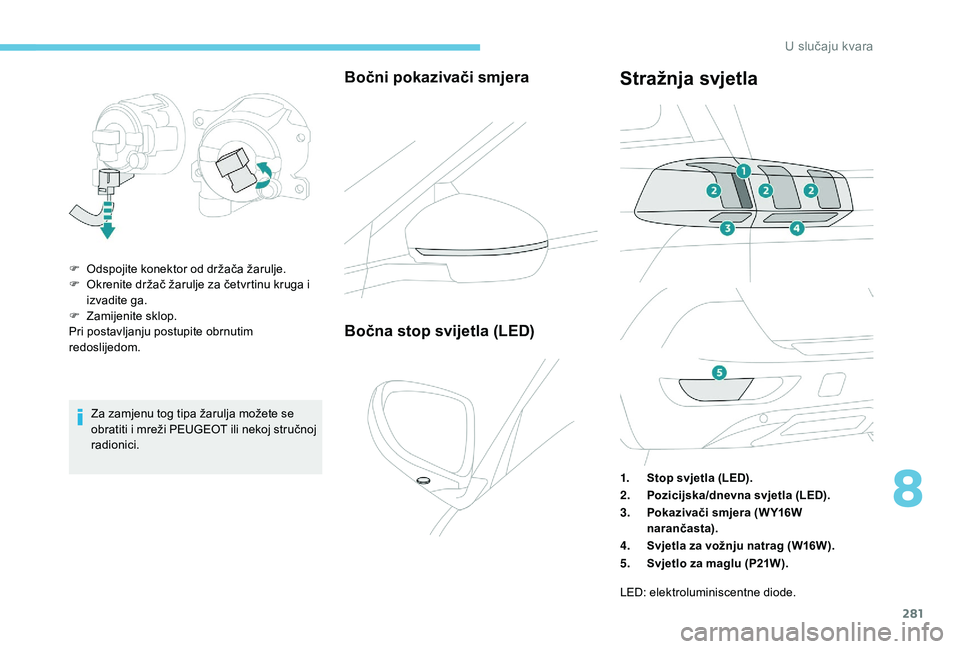 PEUGEOT 5008 2017  Upute Za Rukovanje (in Croatian) 281
Za zamjenu tog tipa žarulja možete se 
obratiti i mreži PEUGEOT ili nekoj stručnoj 
radionici.
Bočni pokazivači smjera
F Odspojite konektor od držača žarulje.
F O krenite držač žarulje