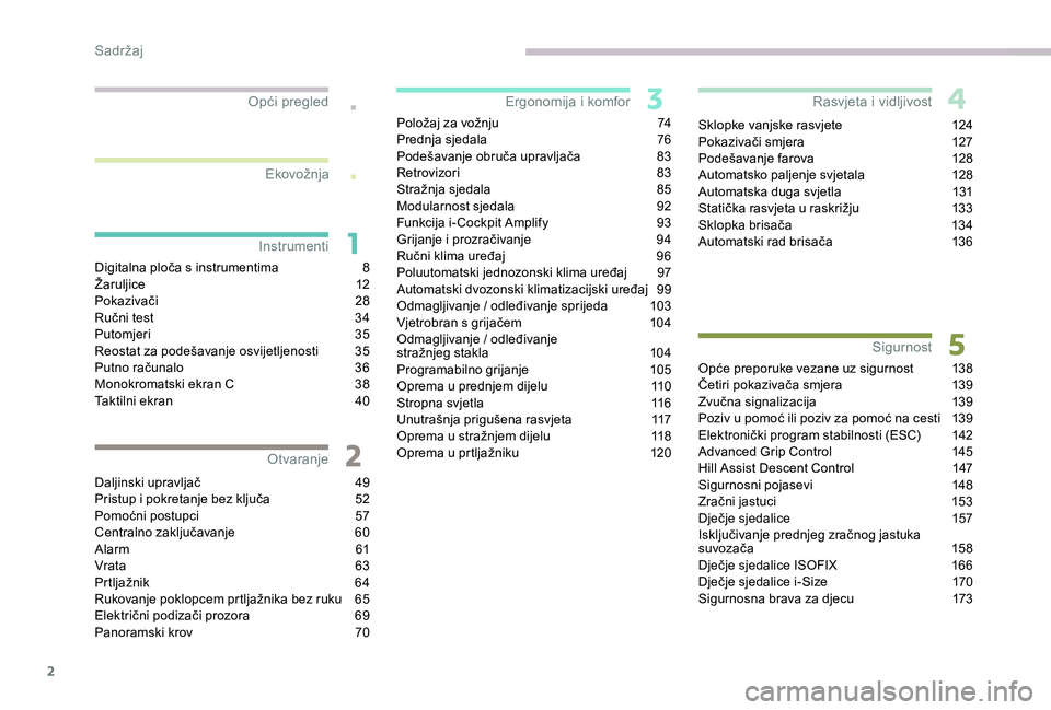 PEUGEOT 5008 2017  Upute Za Rukovanje (in Croatian) 2
.
.
Digitalna ploča s instrumentima 8
Ž aruljice 1 2
Pokazivači
 2

8
Ručni test
 
3
 4
Putomjeri
 3

5
Reostat za podešavanje osvijetljenosti
 
3
 5
Putno računalo
 
3
 6
Monokromatski ekran 