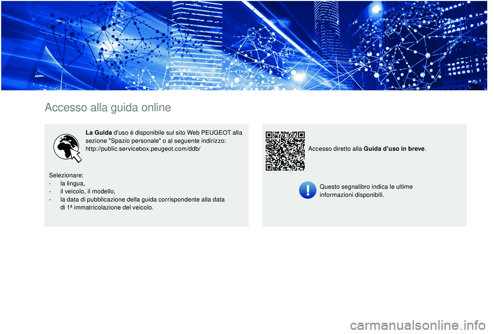 PEUGEOT 5008 2017 Manuale duso (in Italian) Accesso alla guida online
La Guida d'uso è disponibile sul sito Web PEUGEOT alla
sezione "Spazio personale" o al seguente indirizzo:
http://public.servicebox.peugeot.com/ddb/
Questo seg PEUGEOT 5008 2017 Manuale duso (in Italian) Accesso alla guida online
La Guida d'uso è disponibile sul sito Web PEUGEOT alla
sezione "Spazio personale" o al seguente indirizzo:
http://public.servicebox.peugeot.com/ddb/
Questo seg