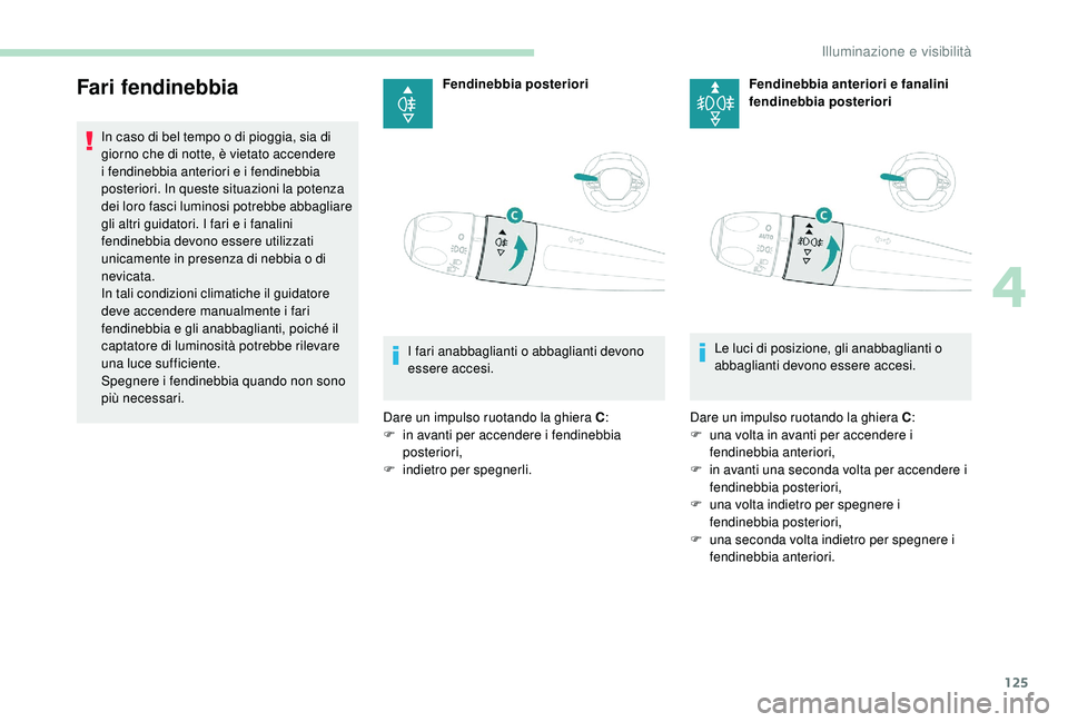 PEUGEOT 5008 2017  Manuale duso (in Italian) 125
Fari fendinebbia
In caso di bel tempo o di pioggia, sia di 
giorno che di notte, è vietato accendere 
i fendinebbia anteriori e i fendinebbia 
posteriori. In queste situazioni la potenza 
dei lor