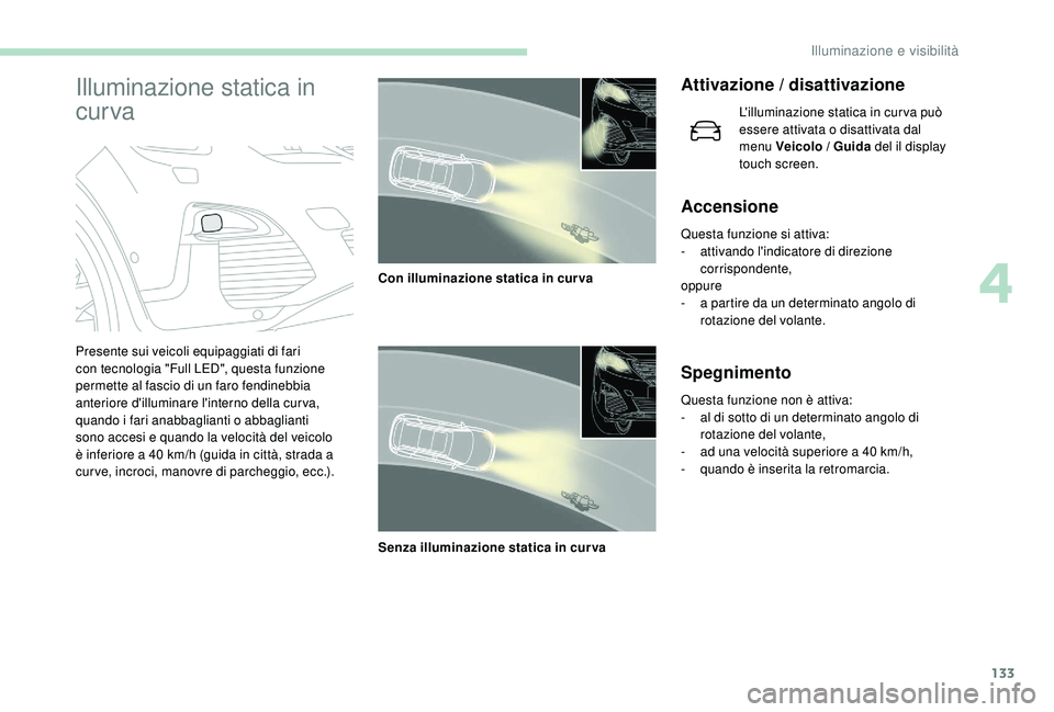PEUGEOT 5008 2017  Manuale duso (in Italian) 133
Illuminazione statica in 
cur vaAttivazione / disattivazione
L'illuminazione statica in cur va può 
essere attivata o disattivata dal 
menu Veicolo / Guida del il display 
touch screen.
Accen
