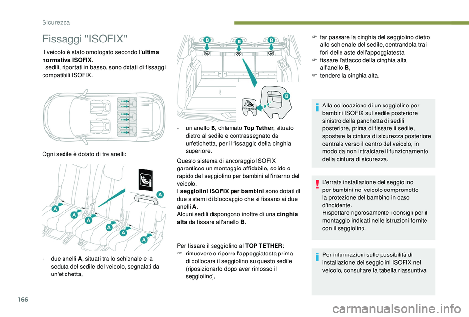 PEUGEOT 5008 2017 Manuale duso (in Italian) 166
Fissaggi "ISOFIX"
Il veicolo è stato omologato secondo l'ultima
normativa ISOFIX .
I sedili, riportati in basso, sono dotati di fissaggi
compatibili ISOFIX.
Ogni sedile è dotato di PEUGEOT 5008 2017 Manuale duso (in Italian) 166
Fissaggi "ISOFIX"
Il veicolo è stato omologato secondo l'ultima
normativa ISOFIX .
I sedili, riportati in basso, sono dotati di fissaggi
compatibili ISOFIX.
Ogni sedile è dotato di
