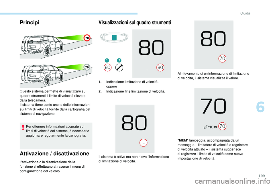 PEUGEOT 5008 2017 Manuale duso (in Italian) 199
Principi
Per ottenere informazioni accurate sui
limiti di velocità dal sistema, è necessario
aggiornare regolarmente la cartografia.
Attivazione / disattivazione
Questo sistema permette di vis PEUGEOT 5008 2017 Manuale duso (in Italian) 199
Principi
Per ottenere informazioni accurate sui
limiti di velocità dal sistema, è necessario
aggiornare regolarmente la cartografia.
Attivazione / disattivazione
Questo sistema permette di vis