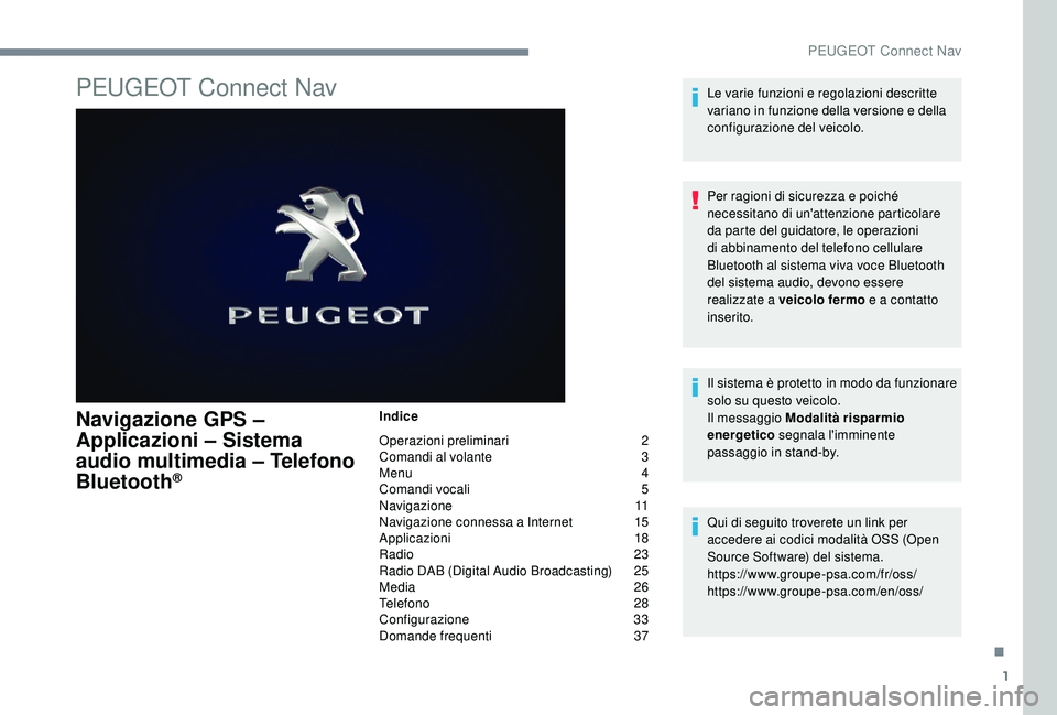 PEUGEOT 5008 2017  Manuale duso (in Italian) 1
PEUGEOT Connect Nav
Navigazione GPS – 
Applicazioni – Sistema 
audio multimedia – Telefono 
Bluetooth
®
Indice
Operazioni preliminari  
2
C

omandi al volante   
3
M

enu   
4
C

omandi vocal