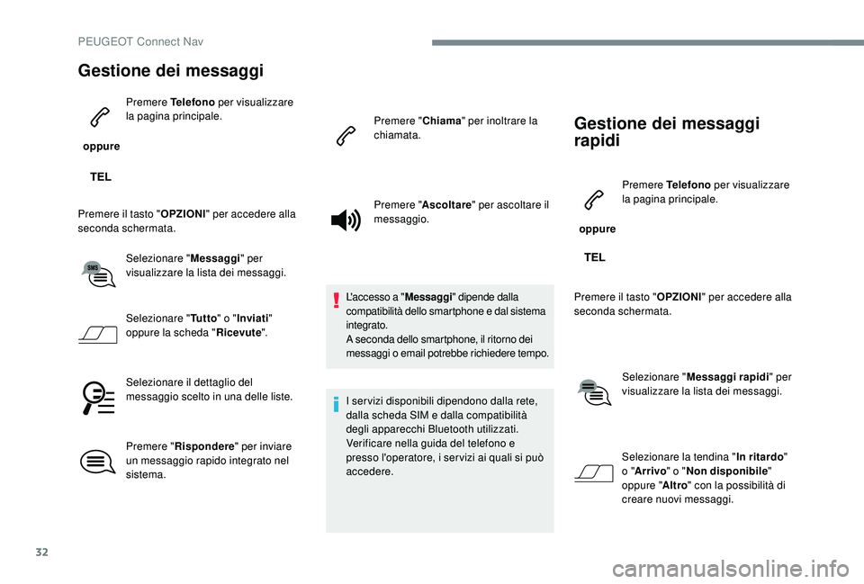 PEUGEOT 5008 2017  Manuale duso (in Italian) 32
Gestione dei messaggi
 oppure Premere
 Telefono  per visualizzare 
la pagina principale.
Premere il tasto " OPZIONI" per accedere alla 
seconda schermata.
Selezionare " Messaggi" pe