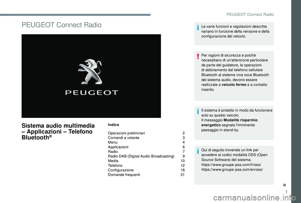 PEUGEOT 5008 2017  Manuale duso (in Italian) 1
PEUGEOT Connect Radio
Sistema audio multimedia 
– Applicazioni – Telefono 
Bluetooth
®
Indice
Operazioni preliminari  
2
C

omandi a volante   
3
M

enu   
4
A

pplicazioni   
6
R

adio   
7
R
