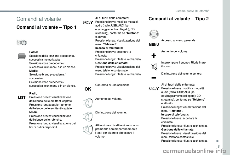 PEUGEOT 5008 2017  Manuale duso (in Italian) 3
Comandi al volante
Comandi al volante – Tipo 1
Radio:
Selezione della stazione precedente / 
successiva memorizzata.
Selezione voce precedente / 
successiva in un menu o in un elenco.
Media:
Selez