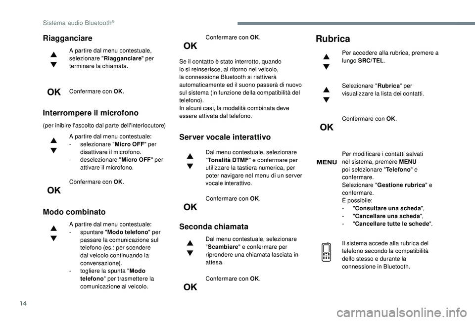 PEUGEOT 5008 2017  Manuale duso (in Italian) 14
Riagganciare
A partire dal menu contestuale, 
selezionare "Riagganciare " per 
terminare la chiamata.
Confermare con OK.
Interrompere il microfono
(per inibire l'ascolto dal parte dell&