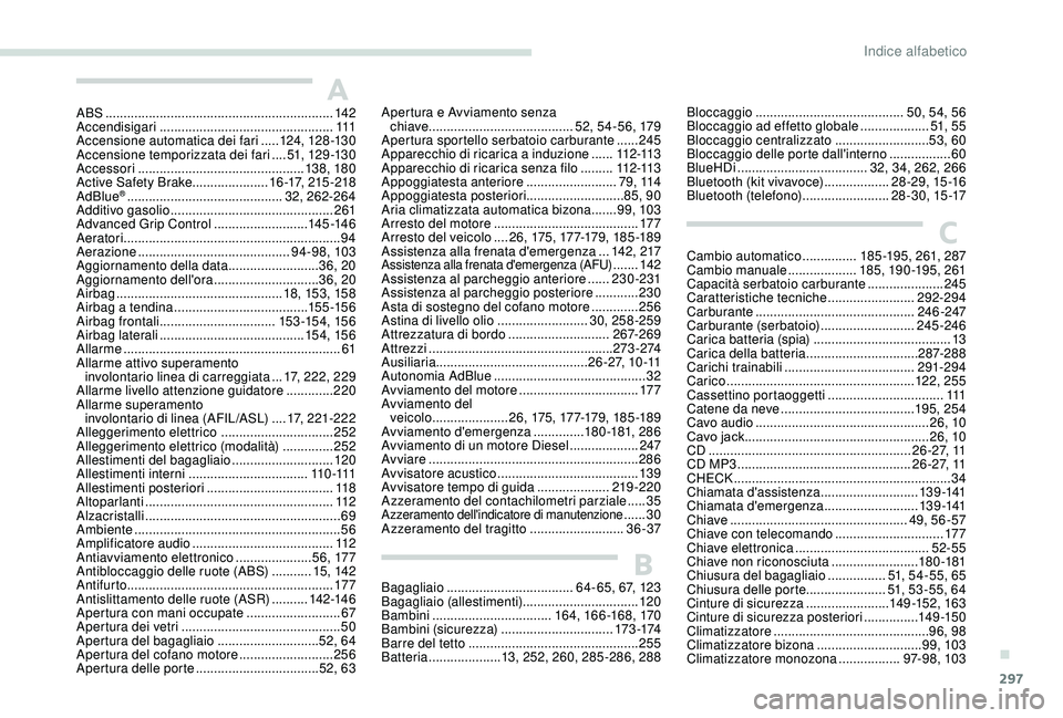 PEUGEOT 5008 2017  Manuale duso (in Italian) 297
ABS ...............................................................142
Accendisigari  ................................................ 111
Accensione automatica dei fari
 
.....12

4, 128 -13 0
Ac