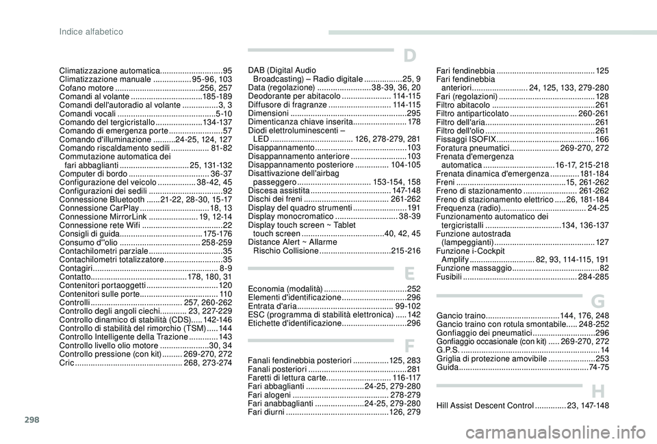 PEUGEOT 5008 2017  Manuale duso (in Italian) 298
HHill Assist Descent Control ..............2 3, 147-148
GGancio traino .................................1 44, 176, 248
Gancio traino con rotula smontabile .....248-252
Gonfiaggio dei pneumatici
 
