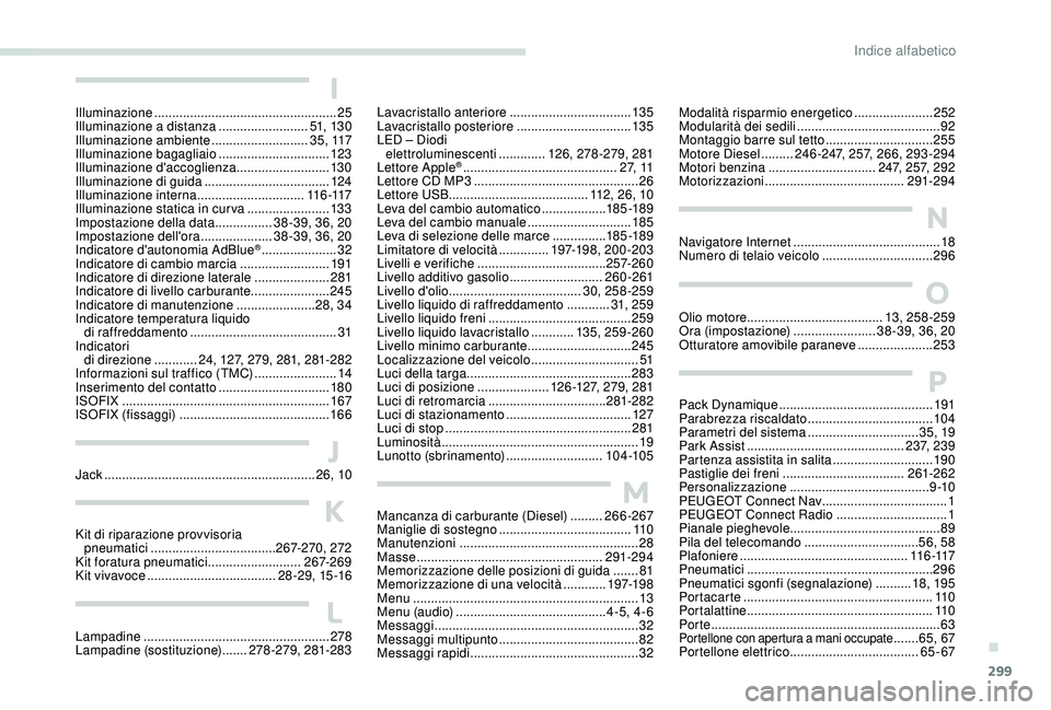 PEUGEOT 5008 2017  Manuale duso (in Italian) 299
Kit di riparazione provvisoria pneumatici  ...................................267-270, 272
Kit foratura pneumatici
 .......................... 2

67-269
Kit vivavoce
 

...........................