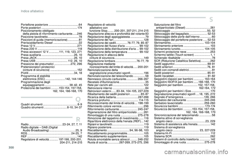 PEUGEOT 5008 2017  Manuale duso (in Italian) 300
R
S
Q
Radio .......................................... 23 -24, 27, 7, 11
Radio digitale – DAB (Digital  Audio Broadcasting)
 

.................................25, 9
RDS
 ................

.....