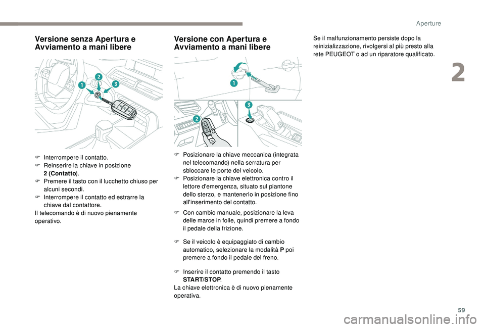 PEUGEOT 5008 2017 Manuale duso (in Italian) 59
Versione senza Apertura e
Avviamento a mani libere
F Interrompere il contatto.
F R einserire la chiave in posizione
2
(Contatto ).
F
P
remere il tasto con il lucchetto chiuso per
alcuni se PEUGEOT 5008 2017 Manuale duso (in Italian) 59
Versione senza Apertura e
Avviamento a mani libere
F Interrompere il contatto.
F R einserire la chiave in posizione
2
(Contatto ).
F
P
remere il tasto con il lucchetto chiuso per
alcuni se