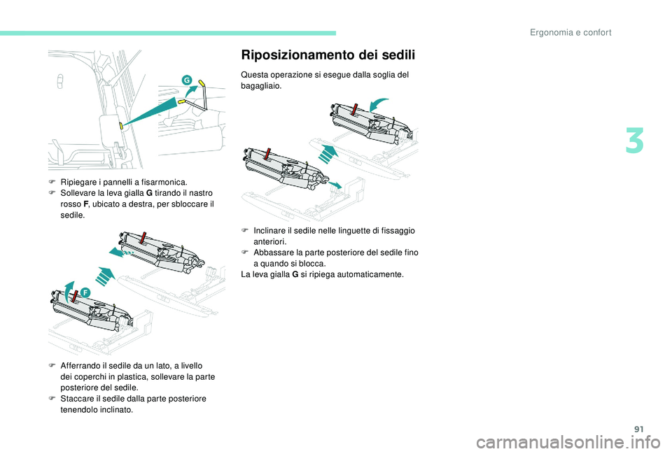 PEUGEOT 5008 2017  Manuale duso (in Italian) 91
F Ripiegare i pannelli a fisarmonica.
F S ollevare la leva gialla G tirando il nastro 
rosso F , ubicato a destra, per sbloccare il 
sedile.
F
 
A
 fferrando il sedile da un lato, a livello 
dei co
