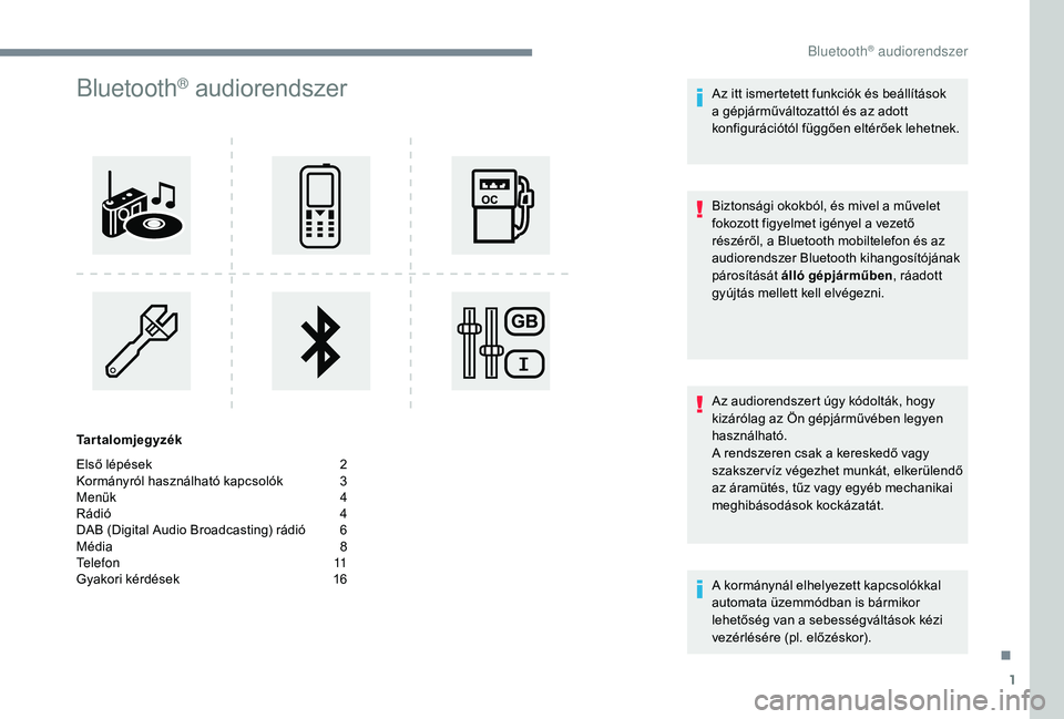PEUGEOT 5008 2017  Kezelési útmutató (in Hungarian) 1
Bluetooth® audiorendszer
Tartalomjegyzék
Első lépések  
2
K

ormányról használható kapcsolók   
3
M

enük   
4
R

ádió   
4
D

AB (Digital Audio Broadcasting) rádió   
6
M

édia   
8