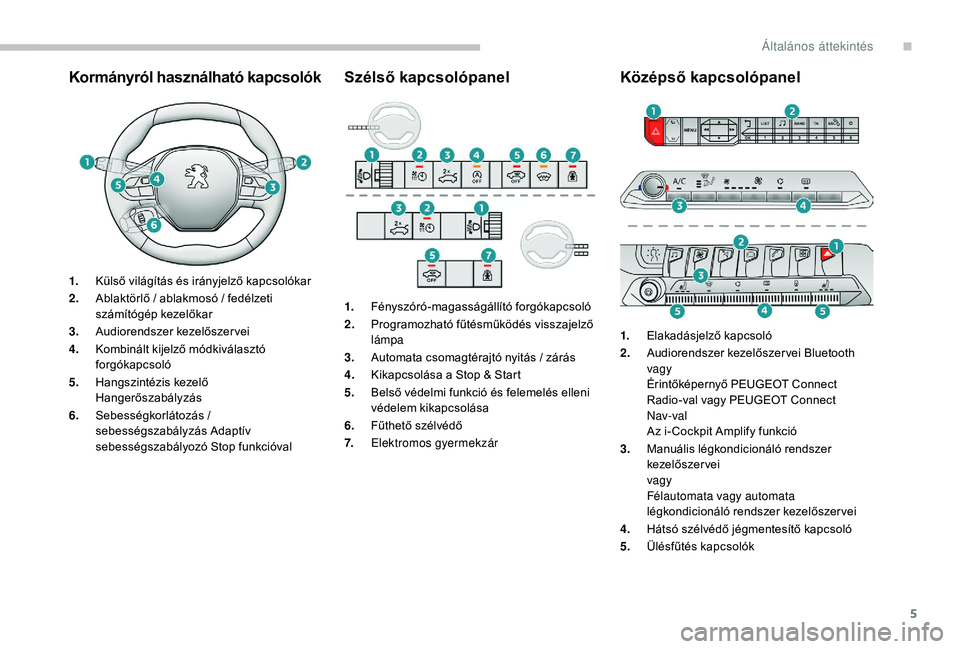 PEUGEOT 5008 2017  Kezelési útmutató (in Hungarian) 5
Kormányról használható kapcsolókSzélső kapcsolópanelKözépső kapcsolópanel
1.Külső világítás és irányjelző kapcsolókar
2. Ablaktörlő / ablakmosó / fedélzeti 
számítógép k