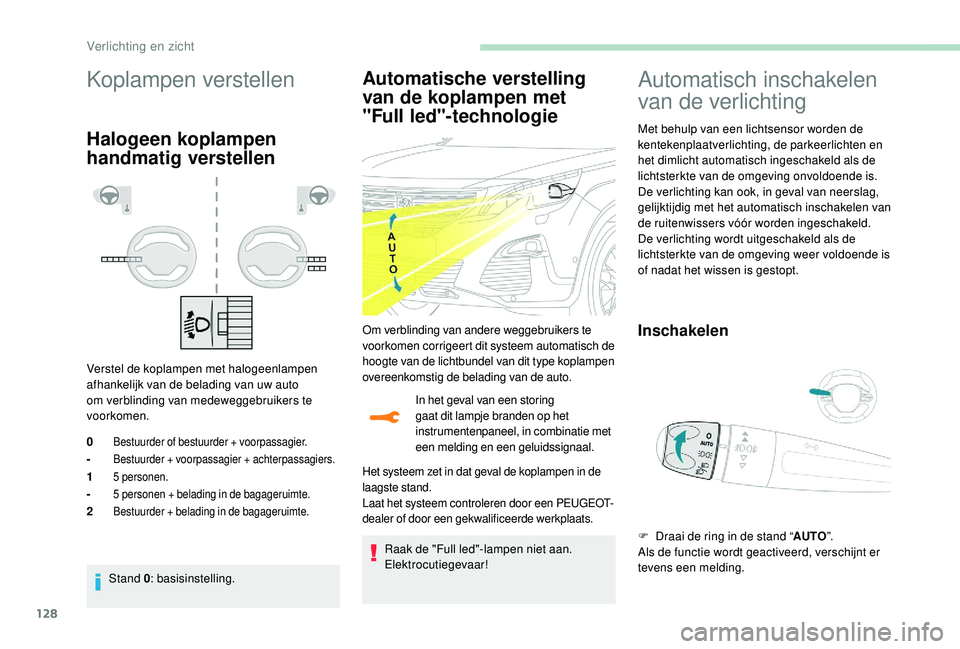 PEUGEOT 5008 2017  Instructieboekje (in Dutch) 128
Koplampen verstellen
Halogeen koplampen 
handmatig verstellen
Verstel de koplampen met halogeenlampen 
afhankelijk van de belading van uw auto 
om verblinding van medeweggebruikers te 
voorkomen.S