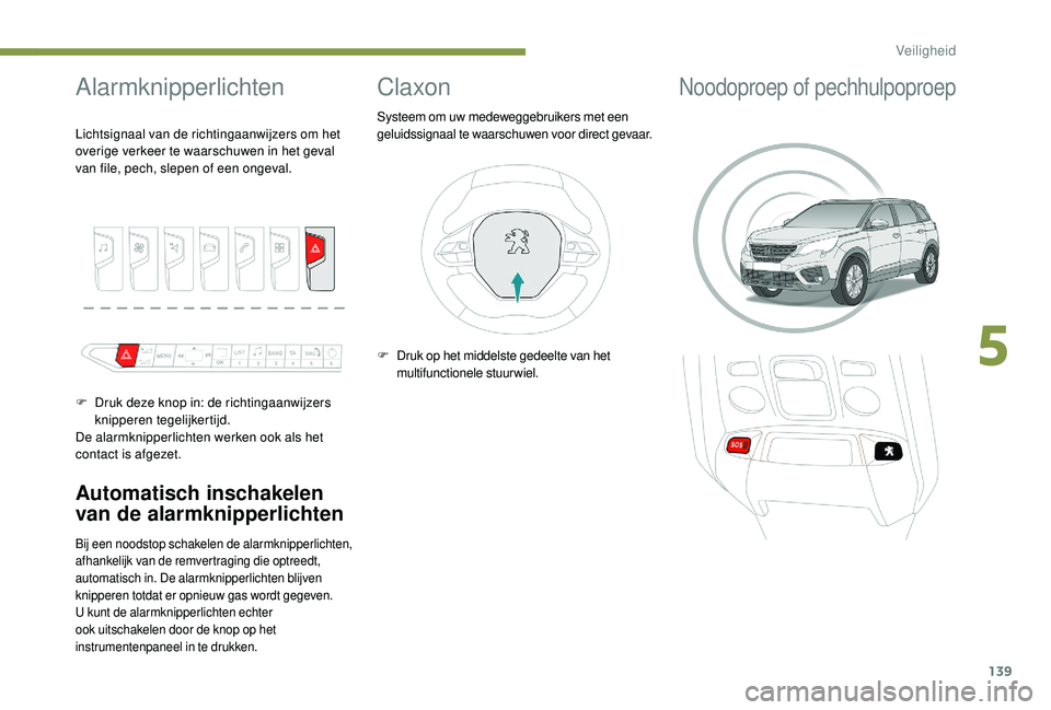 PEUGEOT 5008 2017 Instructieboekje (in Dutch) 139
Alarmknipperlichten
Automatisch inschakelen
van de alarmknipperlichten
Bij een noodstop schakelen de alarmknipperlichten,
afhankelijk van de remvertraging die optreedt,
automatisch in. De alarm PEUGEOT 5008 2017 Instructieboekje (in Dutch) 139
Alarmknipperlichten
Automatisch inschakelen
van de alarmknipperlichten
Bij een noodstop schakelen de alarmknipperlichten,
afhankelijk van de remvertraging die optreedt,
automatisch in. De alarm
