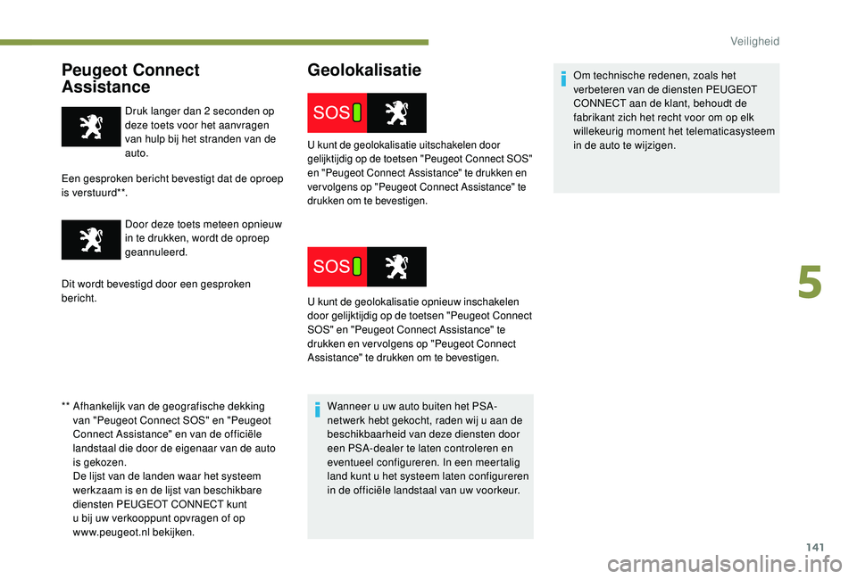 PEUGEOT 5008 2017 Instructieboekje (in Dutch) 141
Peugeot Connect
Assistance
** Afhankelijk van de geografische dekking van "Peugeot Connect SOS" en "Peugeot
Connect Assistance" en van de officiële
landstaal die door de eigen PEUGEOT 5008 2017 Instructieboekje (in Dutch) 141
Peugeot Connect
Assistance
** Afhankelijk van de geografische dekking van "Peugeot Connect SOS" en "Peugeot
Connect Assistance" en van de officiële
landstaal die door de eigen