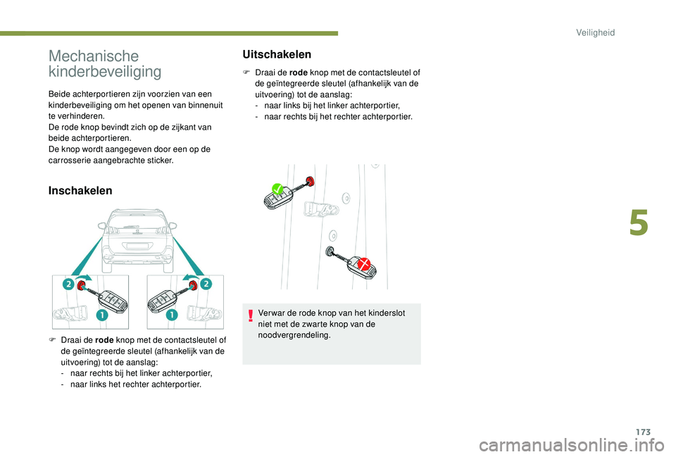 PEUGEOT 5008 2017  Instructieboekje (in Dutch) 173
Mechanische 
kinderbeveiliging
Beide achterportieren zijn voorzien van een 
kinderbeveiliging om het openen van binnenuit 
te verhinderen.
De rode knop bevindt zich op de zijkant van 
beide achter