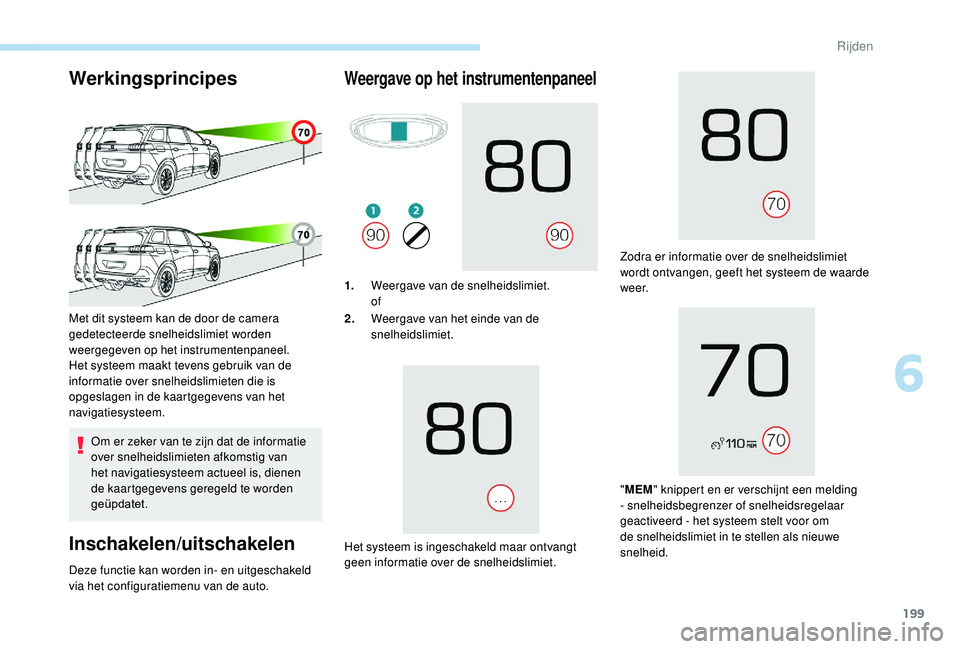 PEUGEOT 5008 2017  Instructieboekje (in Dutch) 199
Werkingsprincipes
Om er zeker van te zijn dat de informatie 
over snelheidslimieten afkomstig van 
het navigatiesysteem actueel is, dienen 
de kaartgegevens geregeld te worden 
geüpdatet.
Inschak