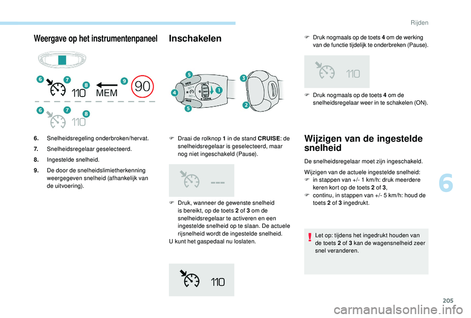 PEUGEOT 5008 2017  Instructieboekje (in Dutch) 205
Weergave op het instrumentenpaneelInschakelen
F Druk, wanneer de gewenste snelheid is bereikt, op de toets 2 of 3 om de 
snelheidsregelaar te activeren en een 
ingestelde snelheid op te slaan. De 