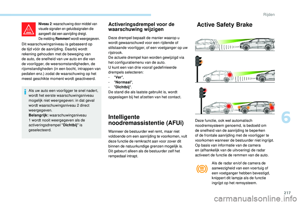 PEUGEOT 5008 2017  Instructieboekje (in Dutch) 217
Dit waarschuwingsniveau is gebaseerd op 
de tijd vóór de aanrijding. Daarbij wordt 
rekening gehouden met de beweging van 
de auto, de snelheid van uw auto en die van 
de voorligger, de weersoms