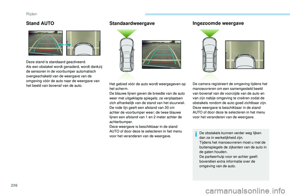 PEUGEOT 5008 2017 Instructieboekje (in Dutch) 236
Stand AUTOStandaardweergaveIngezoomde weergave
De obstakels kunnen verder weg lijken
dan ze in werkelijkheid zijn.
Tijdens het manoeuvreren moet u met de
buitenspiegels de zijkanten van de auto PEUGEOT 5008 2017 Instructieboekje (in Dutch) 236
Stand AUTOStandaardweergaveIngezoomde weergave
De obstakels kunnen verder weg lijken
dan ze in werkelijkheid zijn.
Tijdens het manoeuvreren moet u met de
buitenspiegels de zijkanten van de auto