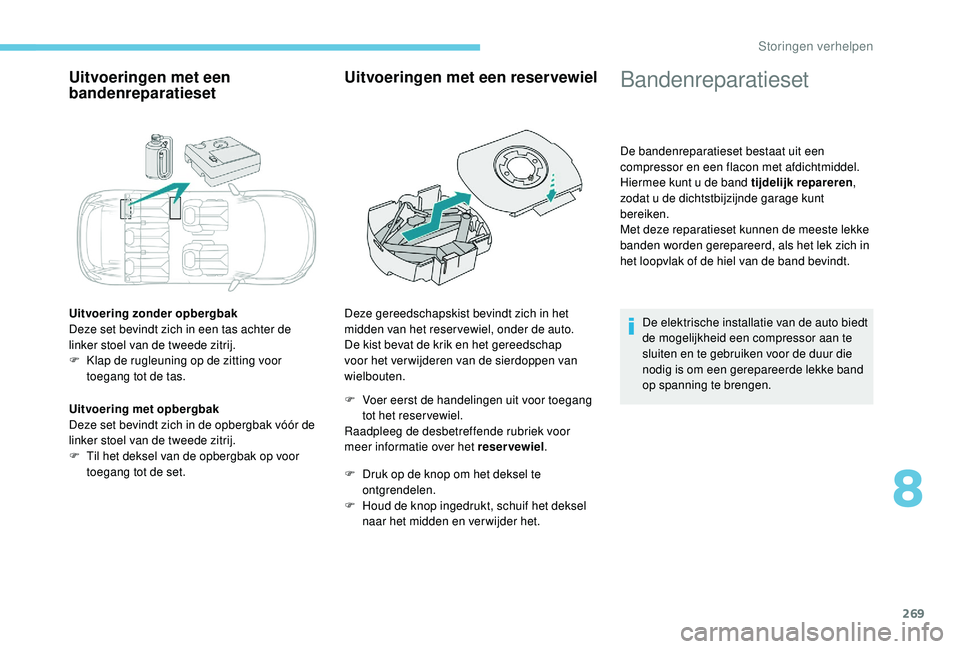 PEUGEOT 5008 2017  Instructieboekje (in Dutch) 269
Uitvoeringen met een 
bandenreparatieset
Uitvoering zonder opbergbak
Deze set bevindt zich in een tas achter de 
linker stoel van de tweede zitrij.
F 
K
 lap de rugleuning op de zitting voor 
toeg