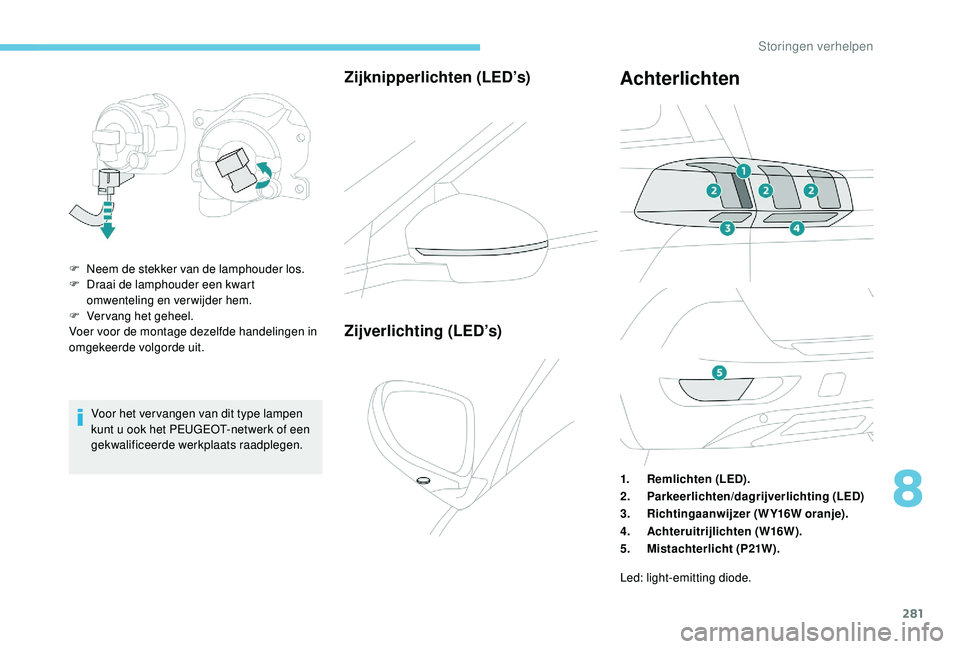 PEUGEOT 5008 2017 Instructieboekje (in Dutch) 281
Voor het ver vangen van dit type lampen
kunt u ook het PEUGEOT-netwerk of een
gekwalificeerde werkplaats raadplegen.
Zijknipperlichten (LED’s)
F Neem de stekker van de lamphouder los.
F D raai PEUGEOT 5008 2017 Instructieboekje (in Dutch) 281
Voor het ver vangen van dit type lampen
kunt u ook het PEUGEOT-netwerk of een
gekwalificeerde werkplaats raadplegen.
Zijknipperlichten (LED’s)
F Neem de stekker van de lamphouder los.
F D raai
