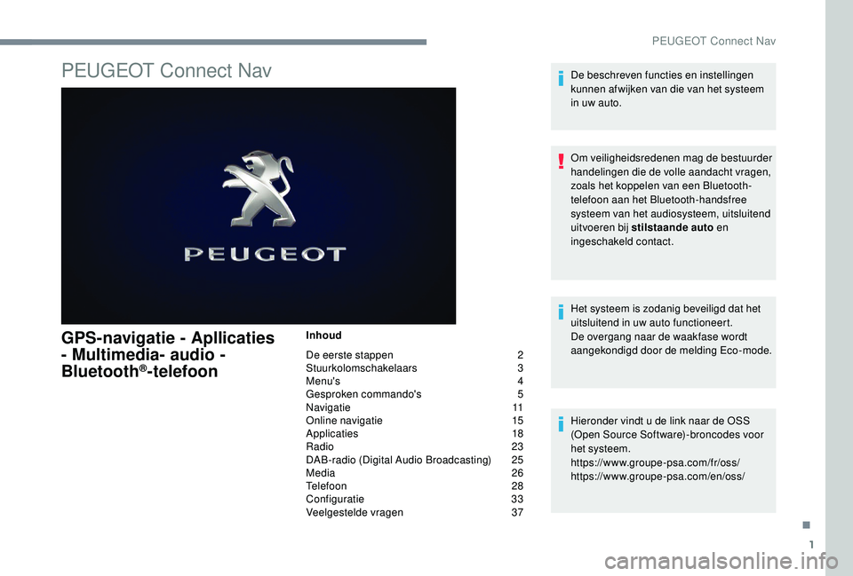 PEUGEOT 5008 2017  Instructieboekje (in Dutch) 1
PEUGEOT Connect Nav
GPS-navigatie - Apllicaties 
- Multimedia- audio - 
Bluetooth
®-telefoon
Inhoud
De eerste stappen  
2
St

uurkolomschakelaars
 
 3
Menu's 
 
4
G

esproken commando's   

