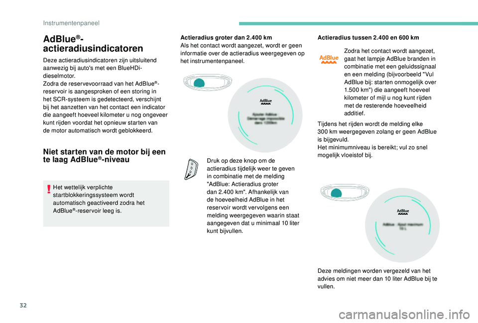 PEUGEOT 5008 2017 Instructieboekje (in Dutch) 32
AdBlue®-
actieradiusindicatoren
Deze actieradiusindicatoren zijn uitsluitend
aanwezig bij auto's met een BlueHDi-
dieselmotor.
Zodra de reser vevoorraad van het AdBlue
®-
reser voir is aange PEUGEOT 5008 2017 Instructieboekje (in Dutch) 32
AdBlue®-
actieradiusindicatoren
Deze actieradiusindicatoren zijn uitsluitend
aanwezig bij auto's met een BlueHDi-
dieselmotor.
Zodra de reser vevoorraad van het AdBlue
®-
reser voir is aange