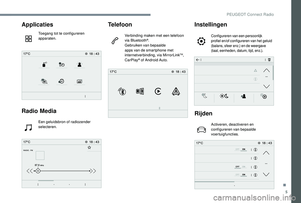 PEUGEOT 5008 2017  Instructieboekje (in Dutch) 5
Applicaties
Toegang tot te configureren 
apparaten.
Radio Media
Een geluidsbron of radiozender 
selecteren.
Telefoon
Verbinding maken met een telefoon 
via Bluetooth®.
Gebruiken van bepaalde 
apps 