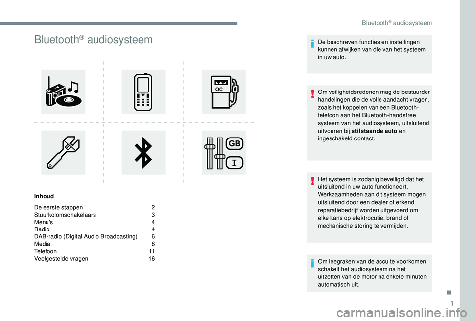 PEUGEOT 5008 2017  Instructieboekje (in Dutch) 1
Bluetooth® audiosysteem
Inhoud
De eerste stappen  
2
St

uurkolomschakelaars
 
 3
Menu's 
 
4
R

adio   
4
D

AB-radio (Digital Audio Broadcasting)   
6
M

edia   
8
T

elefoon   
1
 1
Veelgest