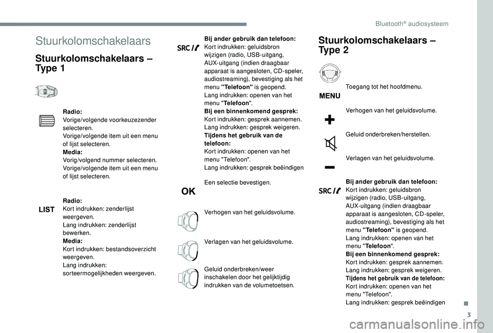 PEUGEOT 5008 2017  Instructieboekje (in Dutch) 3
Stuurkolomschakelaars
Stuurkolomschakelaars – 
Ty p e  1
Radio:
Vorige/volgende voorkeuzezender 
selecteren.
Vorige/volgende item uit een menu 
of lijst selecteren.
Media:
Vorig/volgend nummer sel