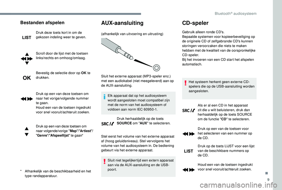 PEUGEOT 5008 2017 Instructieboekje (in Dutch) 9
Bestanden afspelen
Druk deze toets kort in om de
gekozen indeling weer te geven.
Scroll door de lijst met de toetsen
links/rechts en omhoog/omlaag.
Bevestig de selectie door op OK te
drukken.
Dru PEUGEOT 5008 2017 Instructieboekje (in Dutch) 9
Bestanden afspelen
Druk deze toets kort in om de
gekozen indeling weer te geven.
Scroll door de lijst met de toetsen
links/rechts en omhoog/omlaag.
Bevestig de selectie door op OK te
drukken.
Dru