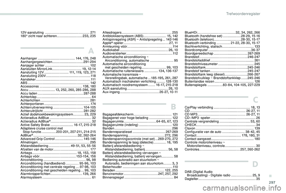 PEUGEOT 5008 2017  Instructieboekje (in Dutch) 297
12V-aansluiting  .................................................2 71
180° zicht naar achteren   ............................233, 235
A
Aanhanger  ......................................... 14 4,