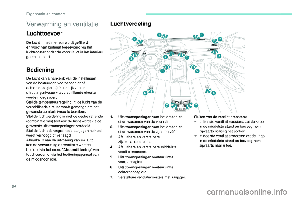 PEUGEOT 5008 2017 Instructieboekje (in Dutch) 94
Verwarming en ventilatie
Luchttoevoer
De lucht in het interieur wordt gefilterd
en wordt van buitenaf toegevoerd via het
luchtrooster onder de voorruit, of in het interieur
gerecirculeerd.
Bedie PEUGEOT 5008 2017 Instructieboekje (in Dutch) 94
Verwarming en ventilatie
Luchttoevoer
De lucht in het interieur wordt gefilterd
en wordt van buitenaf toegevoerd via het
luchtrooster onder de voorruit, of in het interieur
gerecirculeerd.
Bedie