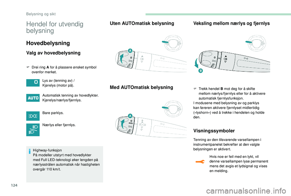 PEUGEOT 5008 2017 Instruksjoner for bruk (in Norwegian) 124
Hendel for utvendig
belysning
Hovedbelysning
Valg av hovedbelysning
F Drei ring A for å plassere ønsket symbol ovenfor merket.
Automatisk tenning av hovedlykter.
Kjørelys/nærlys/fjernlys.
Bar PEUGEOT 5008 2017 Instruksjoner for bruk (in Norwegian) 124
Hendel for utvendig
belysning
Hovedbelysning
Valg av hovedbelysning
F Drei ring A for å plassere ønsket symbol ovenfor merket.
Automatisk tenning av hovedlykter.
Kjørelys/nærlys/fjernlys.
Bar