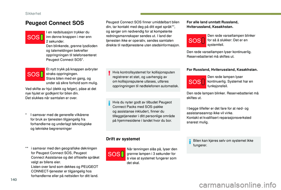 PEUGEOT 5008 2017 Instruksjoner for bruk (in Norwegian) 140
Ved skifte av hjul (dekk og felger), påse at det
nye hjulet er godkjent for bilen din.
Det slukkes når samtalen er over.Peugeot Connect SOS finner umiddelbart bilen
din, tar kontakt med deg pà PEUGEOT 5008 2017 Instruksjoner for bruk (in Norwegian) 140
Ved skifte av hjul (dekk og felger), påse at det
nye hjulet er godkjent for bilen din.
Det slukkes når samtalen er over.Peugeot Connect SOS finner umiddelbart bilen
din, tar kontakt med deg pÃ