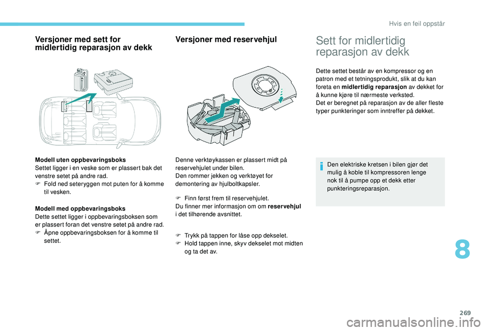 PEUGEOT 5008 2017 Instruksjoner for bruk (in Norwegian) 269
Versjoner med sett for
midlertidig reparasjon av dekk
Modell uten oppbevaringsboks
Settet ligger i en veske som er plassert bak det
venstre setet på andre rad.
F
F
old ned seteryggen mot pute PEUGEOT 5008 2017 Instruksjoner for bruk (in Norwegian) 269
Versjoner med sett for
midlertidig reparasjon av dekk
Modell uten oppbevaringsboks
Settet ligger i en veske som er plassert bak det
venstre setet på andre rad.
F
F
old ned seteryggen mot pute