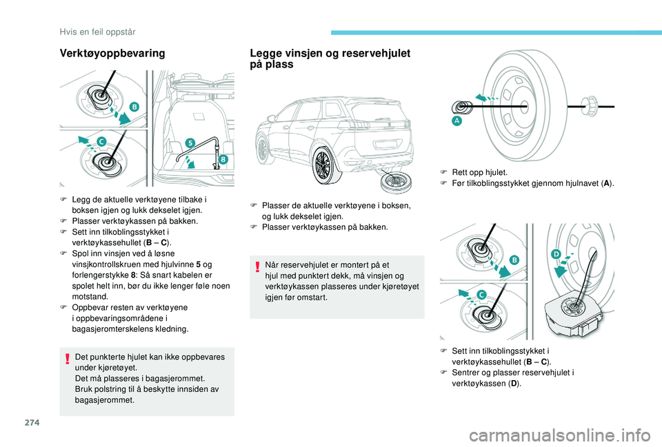 PEUGEOT 5008 2017 Instruksjoner for bruk (in Norwegian) 274
Verktøyoppbevaring
Det punkterte hjulet kan ikke oppbevares
under kjøretøyet.
Det må plasseres i bagasjerommet.
Bruk polstring til å beskytte innsiden av
bagasjerommet.
Legge vinsjen og re PEUGEOT 5008 2017 Instruksjoner for bruk (in Norwegian) 274
Verktøyoppbevaring
Det punkterte hjulet kan ikke oppbevares
under kjøretøyet.
Det må plasseres i bagasjerommet.
Bruk polstring til å beskytte innsiden av
bagasjerommet.
Legge vinsjen og re