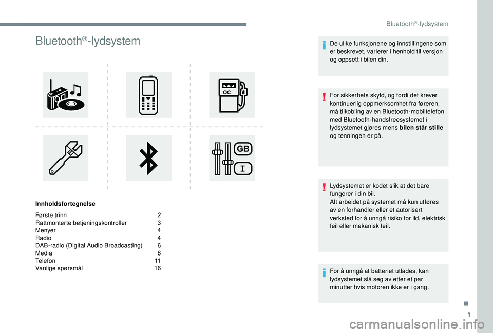 PEUGEOT 5008 2017 Instruksjoner for bruk (in Norwegian) 1
Bluetooth®-lydsystem
Innholdsfortegnelse
Første trinn
2
Ra
ttmonterte betjeningskontroller
3
M
enyer
4
R
adio
4
D
AB-radio (Digital Audio Broadcasting)
6
M
edia
8
T
elefon PEUGEOT 5008 2017 Instruksjoner for bruk (in Norwegian) 1
Bluetooth®-lydsystem
Innholdsfortegnelse
Første trinn
2
Ra
ttmonterte betjeningskontroller
3
M
enyer
4
R
adio
4
D
AB-radio (Digital Audio Broadcasting)
6
M
edia
8
T
elefon