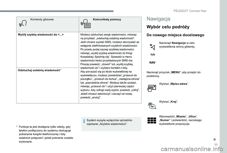 PEUGEOT 5008 2017  Instrukcja obsługi (in Polish) 11
Komendy głosoweKomunikaty pomocy
Wyślij szybką wiadomość do <...>  Możesz odsłuchać swoje wiadomości, mówiąc 
na przykład: „odsłuchaj ostatnią wiadomość”. 
Jeśli chcesz wysła