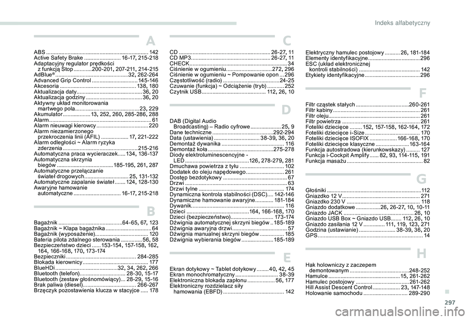 PEUGEOT 5008 2017 Instrukcja obsługi (in Polish) 297
A
ABS ...................................................................142
Active Safety Brake ........................1
6 -17, 215 -218
Adaptacyjny regulator prędkości z funkcją Stop
... PEUGEOT 5008 2017 Instrukcja obsługi (in Polish) 297
A
ABS ...................................................................142
Active Safety Brake ........................1
6 -17, 215 -218
Adaptacyjny regulator prędkości z funkcją Stop
...