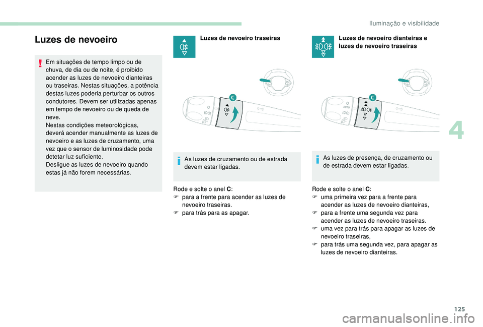 PEUGEOT 5008 2017  Manual de utilização (in Portuguese) 125
Luzes de nevoeiro
Em situações de tempo limpo ou de 
chuva, de dia ou de noite, é proibido 
acender as luzes de nevoeiro dianteiras 
ou traseiras. Nestas situações, a potência 
destas luzes 