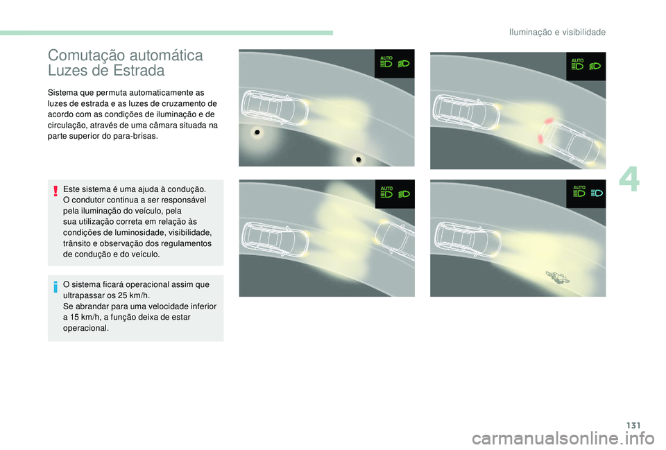 PEUGEOT 5008 2017  Manual de utilização (in Portuguese) 131
Comutação automática 
Luzes de Estrada
Sistema que permuta automaticamente as 
luzes de estrada e as luzes de cruzamento de 
acordo com as condições de iluminação e de 
circulação, atrav