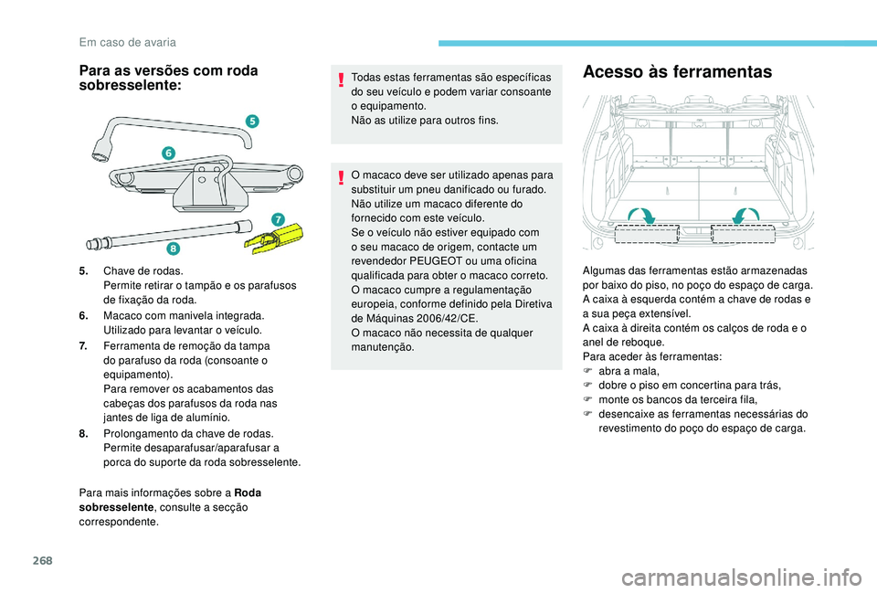 PEUGEOT 5008 2017 Manual de utilização (in Portuguese) 268
Para mais informações sobre a Roda
sobresselente, consulte a secção
correspondente. Todas estas ferramentas são específicas
do seu veículo e podem variar consoante
o equipamento.
Não a PEUGEOT 5008 2017 Manual de utilização (in Portuguese) 268
Para mais informações sobre a Roda
sobresselente, consulte a secção
correspondente. Todas estas ferramentas são específicas
do seu veículo e podem variar consoante
o equipamento.
Não a