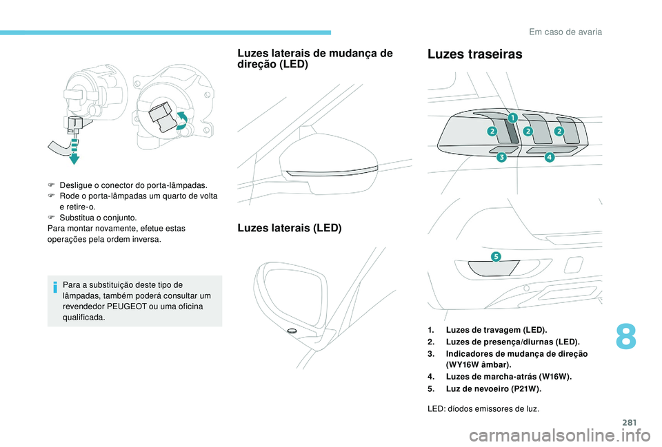 PEUGEOT 5008 2017  Manual de utilização (in Portuguese) 281
Para a substituição deste tipo de 
lâmpadas, também poderá consultar um 
revendedor PEUGEOT ou uma oficina 
qualificada.
Luzes laterais de mudança de 
direção (LED)
F Desligue o conector d