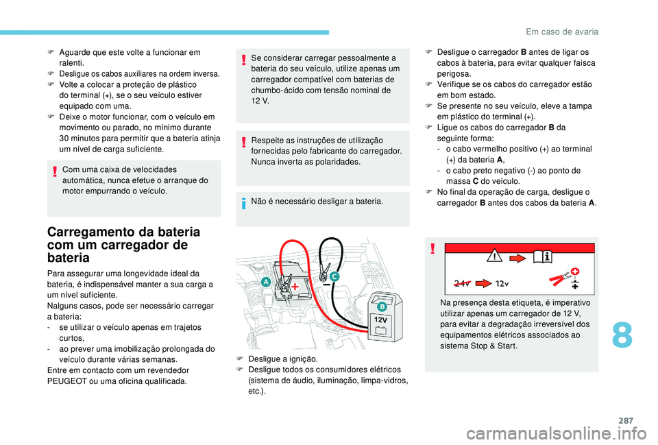 PEUGEOT 5008 2017  Manual de utilização (in Portuguese) 287
F Aguarde que este volte a funcionar em ralenti.
F
 
Desligue os cabos auxiliares na ordem inversa.F Volte a colocar a proteção de plástico  do terminal (+), se o seu veículo estiver 
equipado